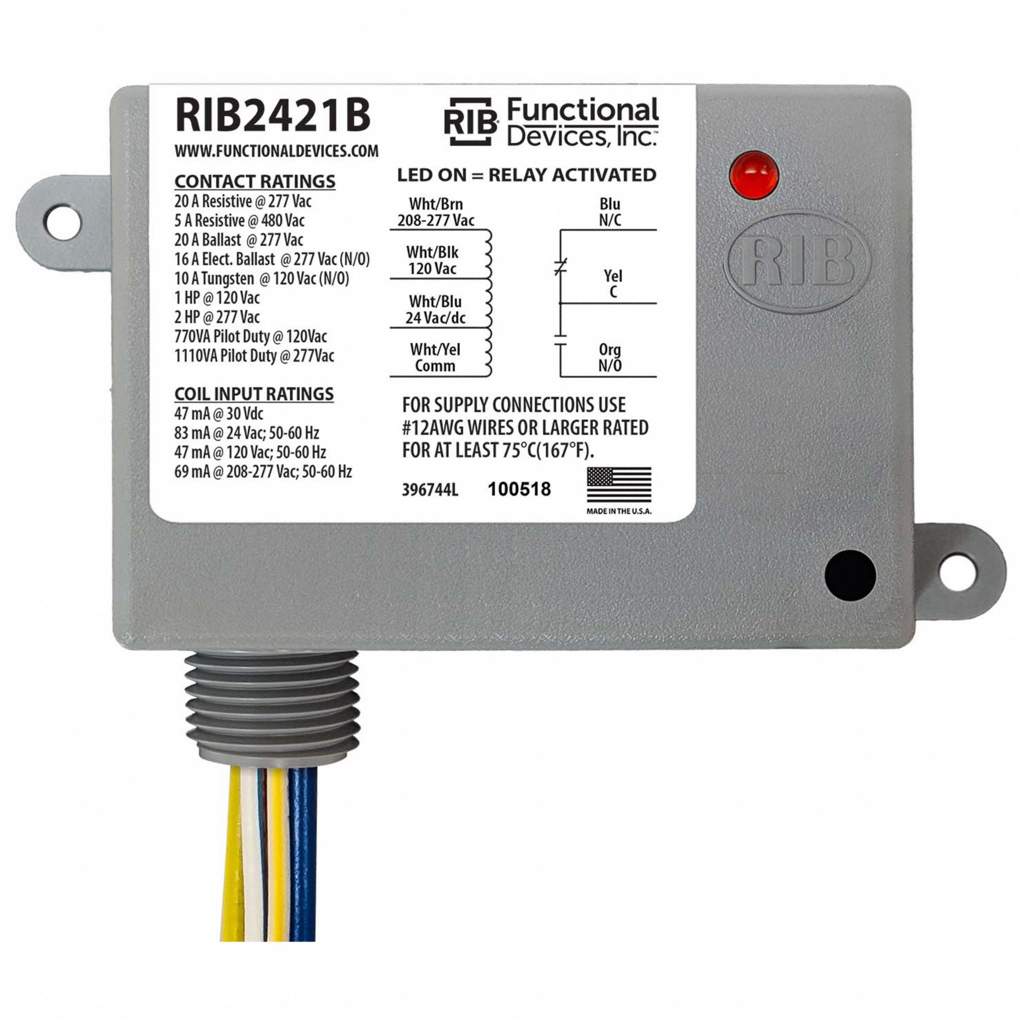 RIB, 20 A Rating, 24V AC/DC/230V AC/208-277V AC, Enclosed Pre-Wired