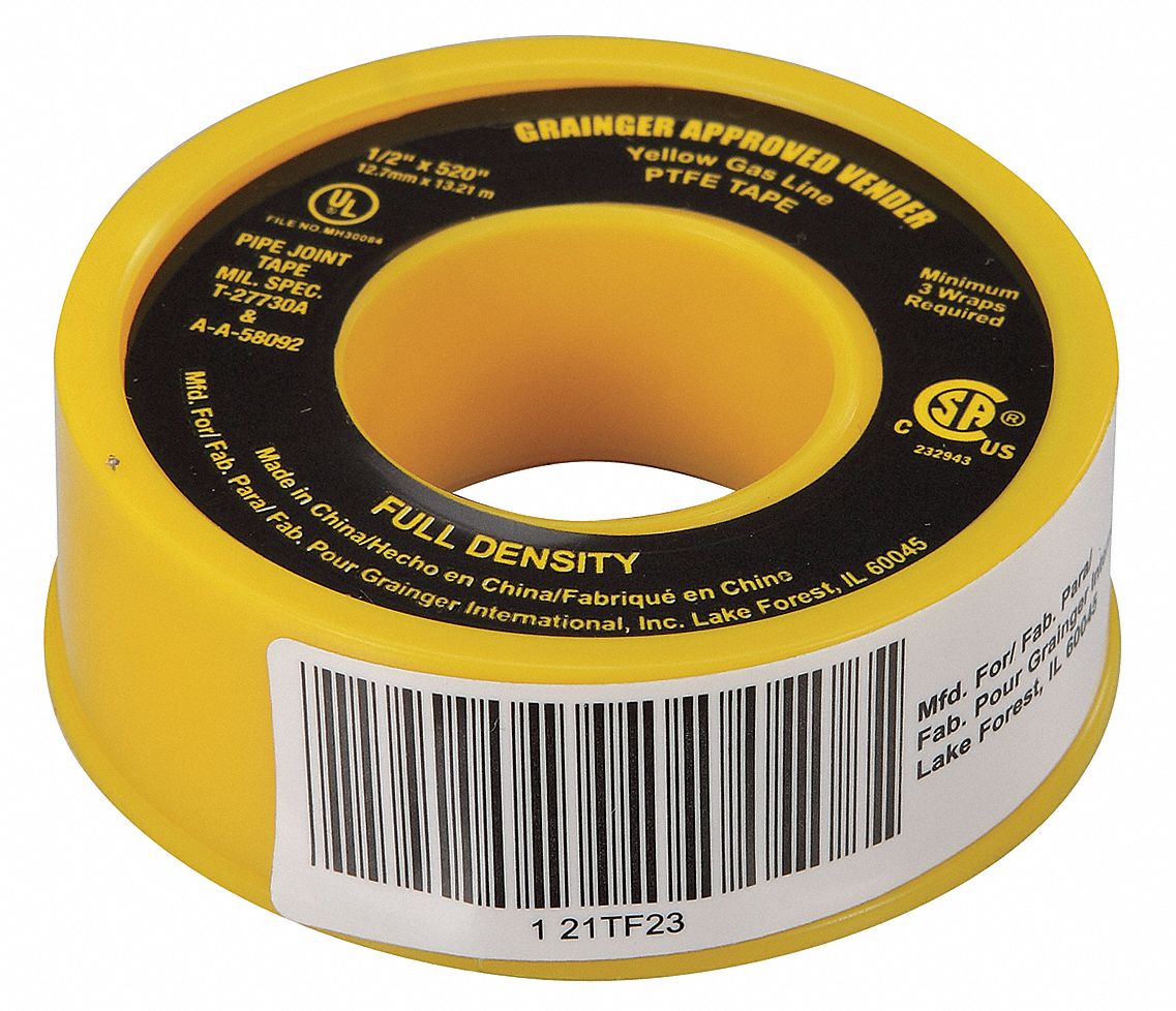 GRAINGER APPROVED 1/2"W PTFE Thread Sealant Tape, Yellow, 520" Length