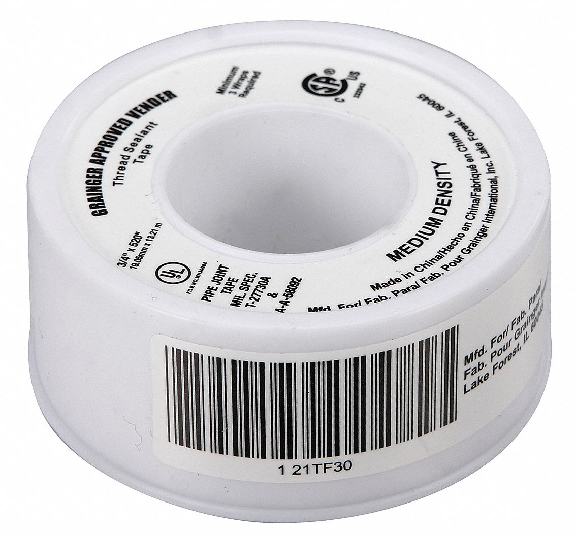 GRAINGER APPROVED 3/4"W PTFE Thread Sealant Tape, White, 520" Length
