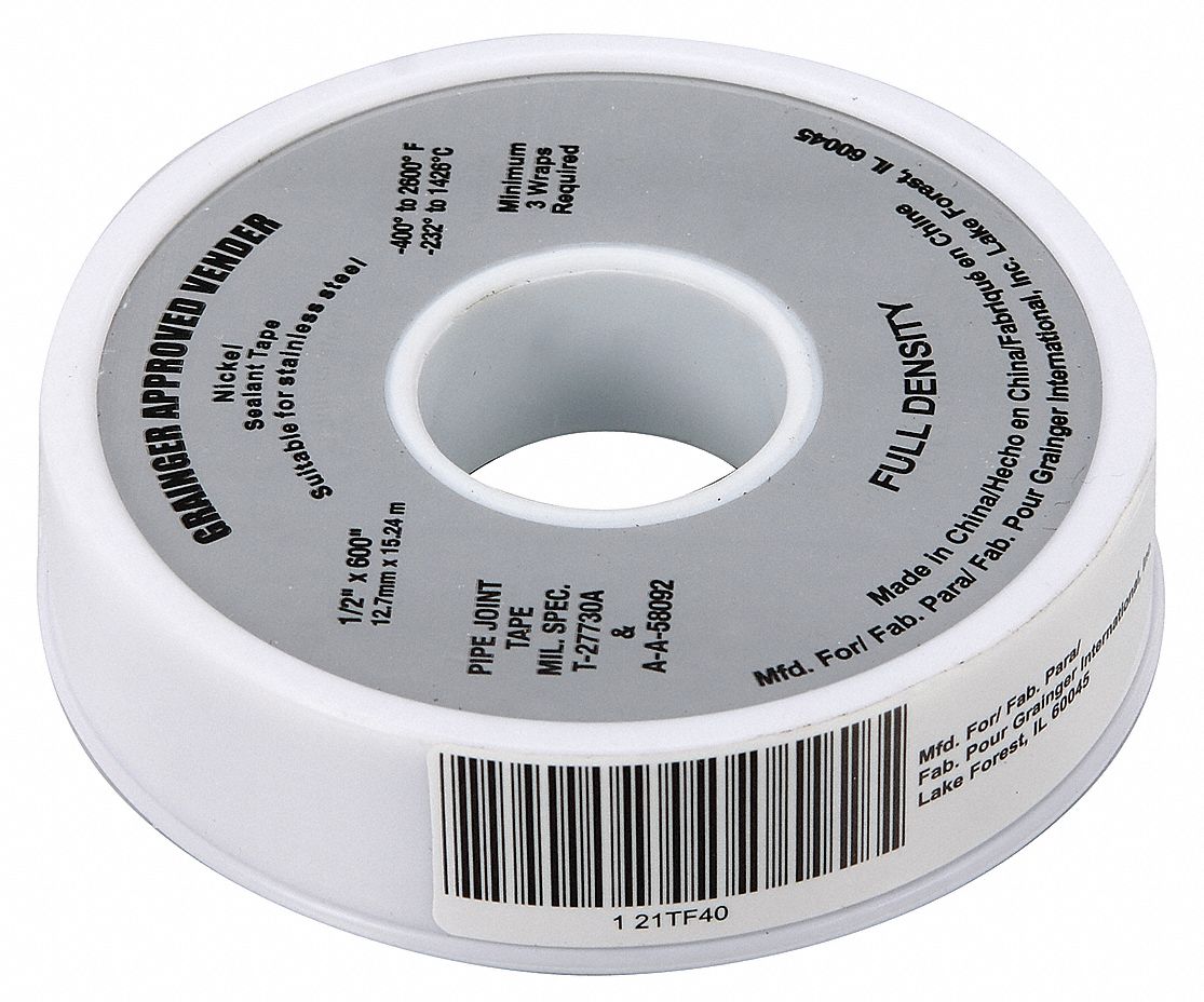 GRAINGER APPROVED 1/2"W PTFE Thread Sealant Tape, Nickel, 600" Length