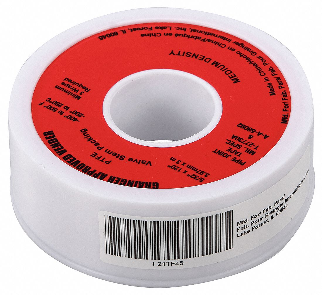 GRAINGER APPROVED Valve Packing Tape, PTFE, 5/32 in Width, 120 in