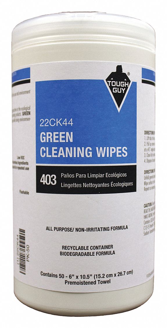 TOUGH GUY, Canister, 50 ct Container Size, Green Cleaning Wipes