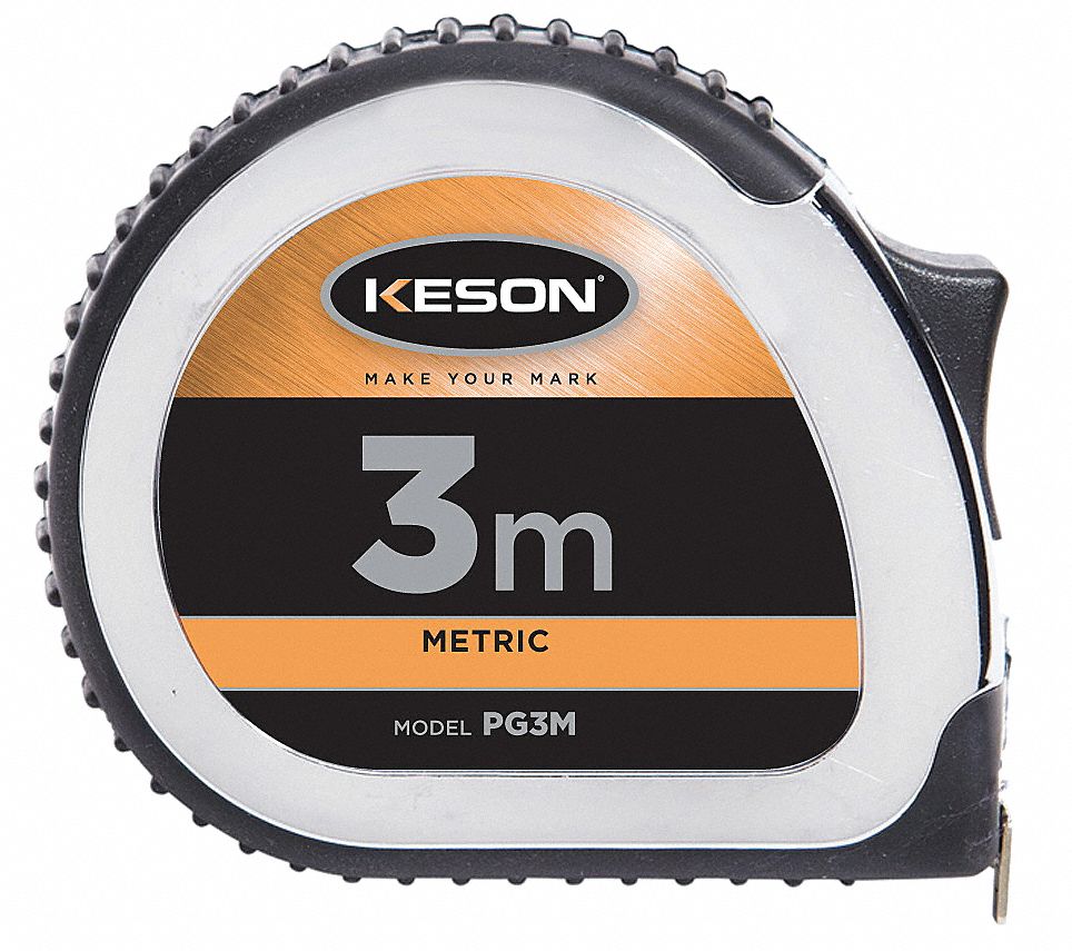 KESON 3 m Steel Metric Tape Measure, Black, Chrome 22UY52PG3M Grainger