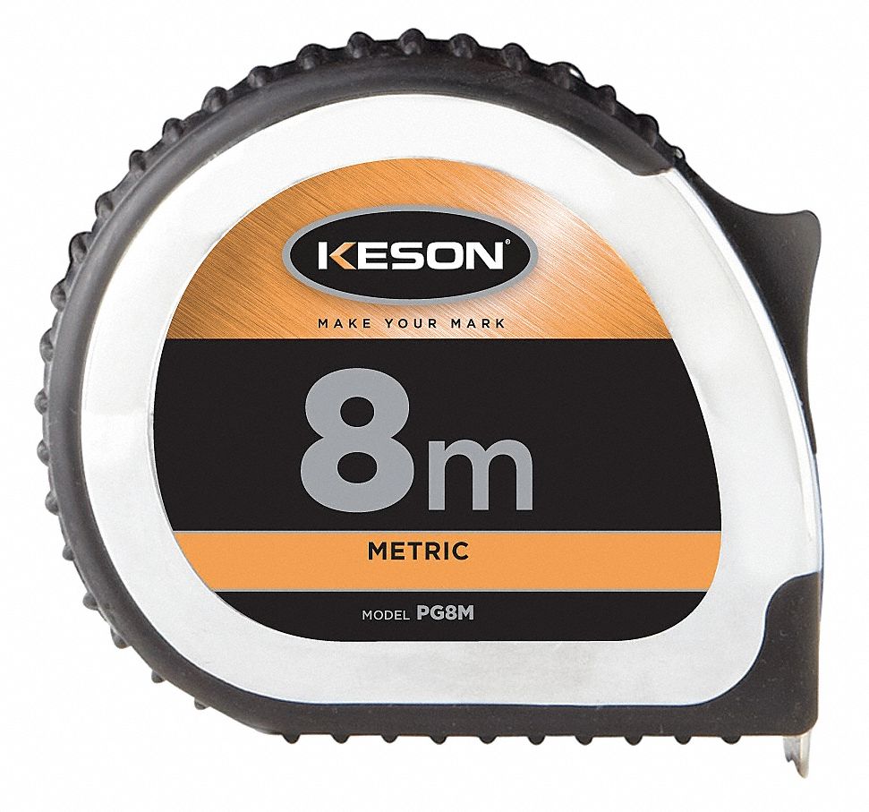 KESON 8 m Steel Metric Long Tape Measure, Black, Chrome 22UY54PG8M