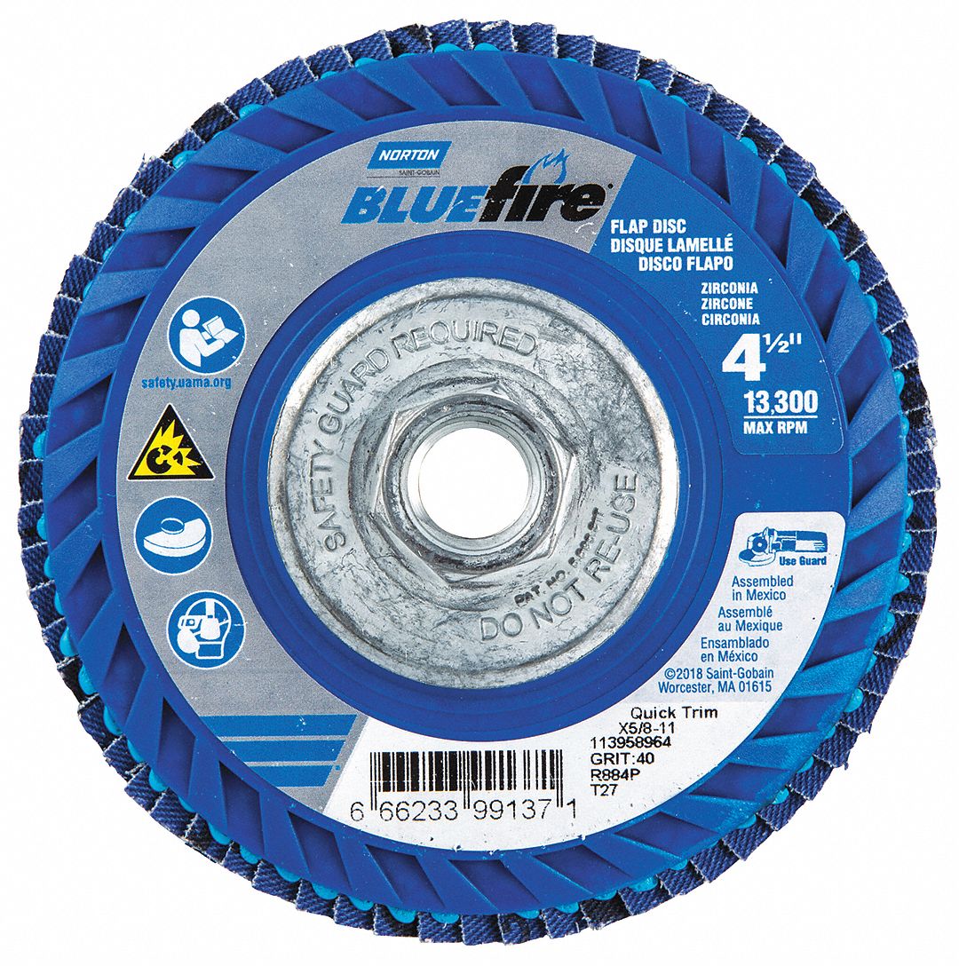 NORTON Type 27, Flap Disc, Zirconia Alumina, 4 1/2 in Disc Diameter, 40