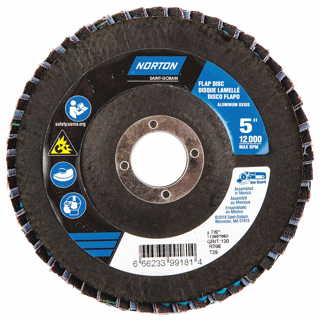 NORTON 5" Flap Disc, Type 29, 7/8" Mounting Hole, Fine, 120 Grit