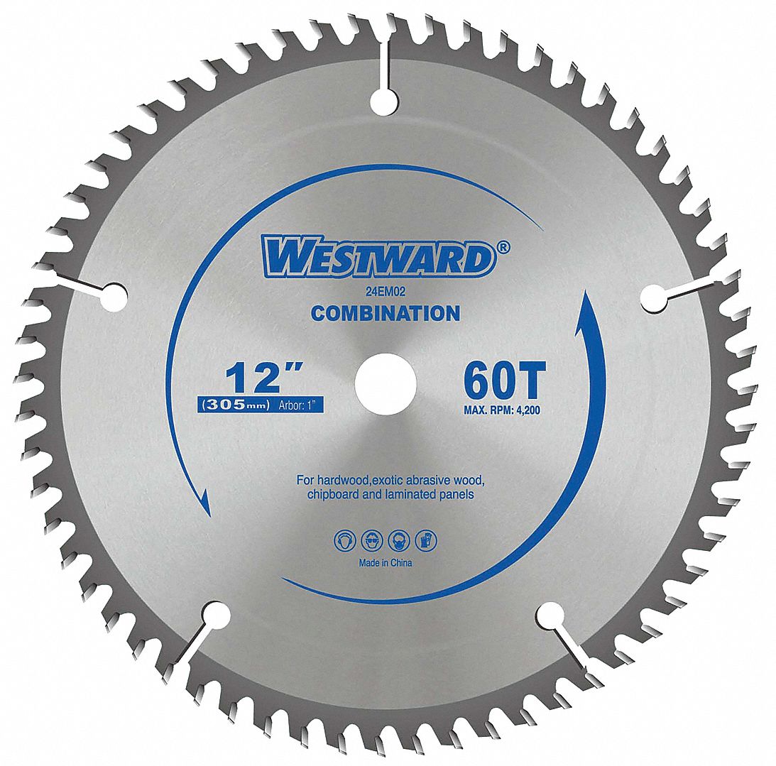 WESTWARD Circular Saw Blade, Wood Materials Cut, 12 in Blade Dia., 1 in