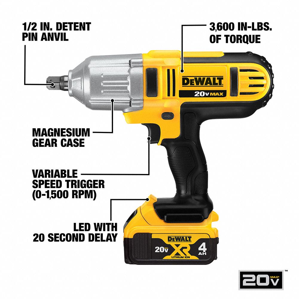DEWALT Cordless, Impact Wrench, 20V DC, 400 ftlb Breakaway Torque