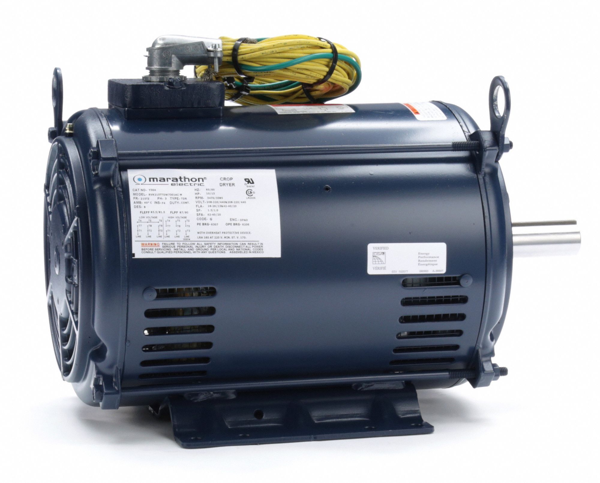 MARATHON MOTORS Crop Dryer Motor, 10 to 15 HP, 3Phase, Nameplate RPM 3470, Voltage 208220/440