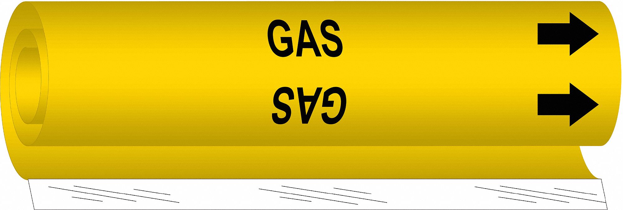 BRADY Pipe Marker Gas, Yellow, Black, Fits 2 1/2 to 7 7/8 in Pipe O.D