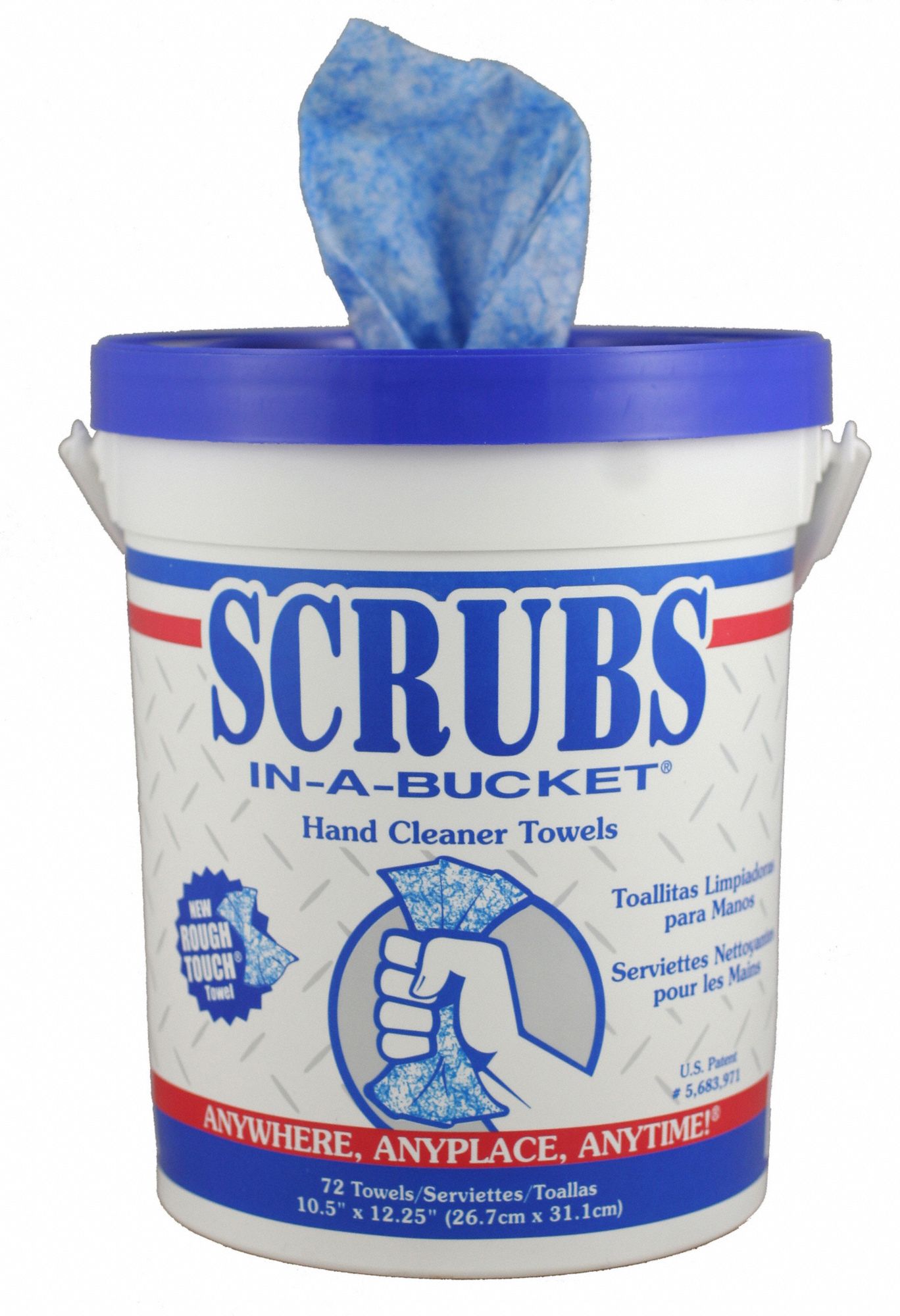 SCRUBS Hand Cleaning Towels Bucket, 10 in x 12 in Sheet Size, 72 Wipes per Container, Blue