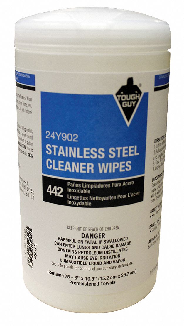 TOUGH GUY Stainless Steel Cleaner Wipes, Canister, 75 ct, Sheet Size 10