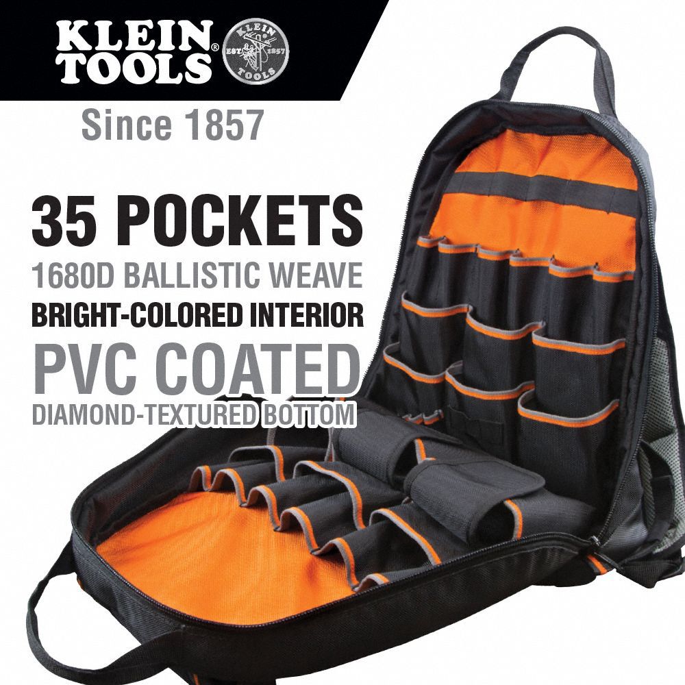 KLEIN TOOLS Tool Backpack 3 Outside Pockets, 32 Inside Pockets, 14 1/2