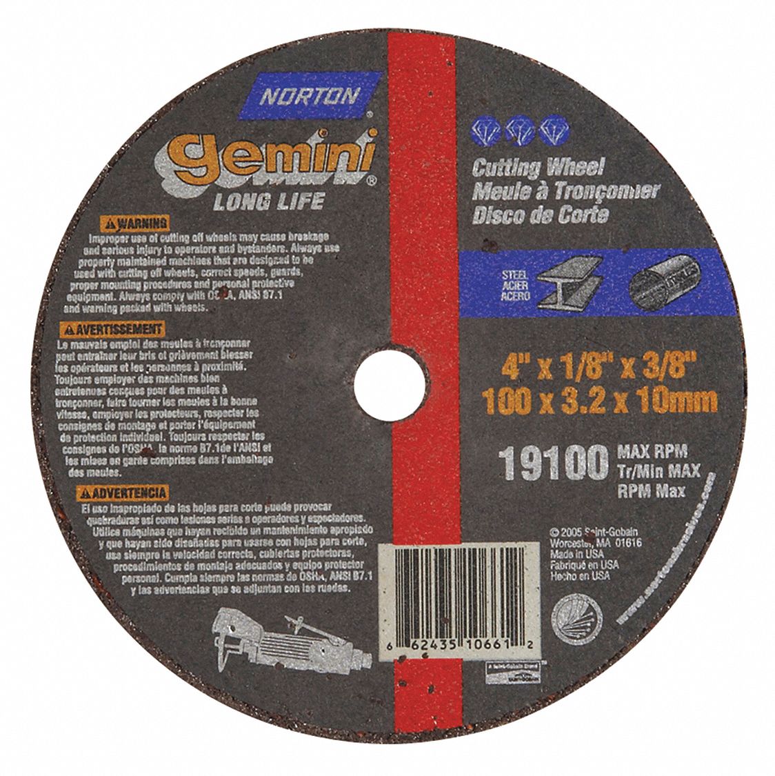 NORTON Abrasive CutOff Wheel 4 in Abrasive Wheel Dia, 3/8 in Arbor