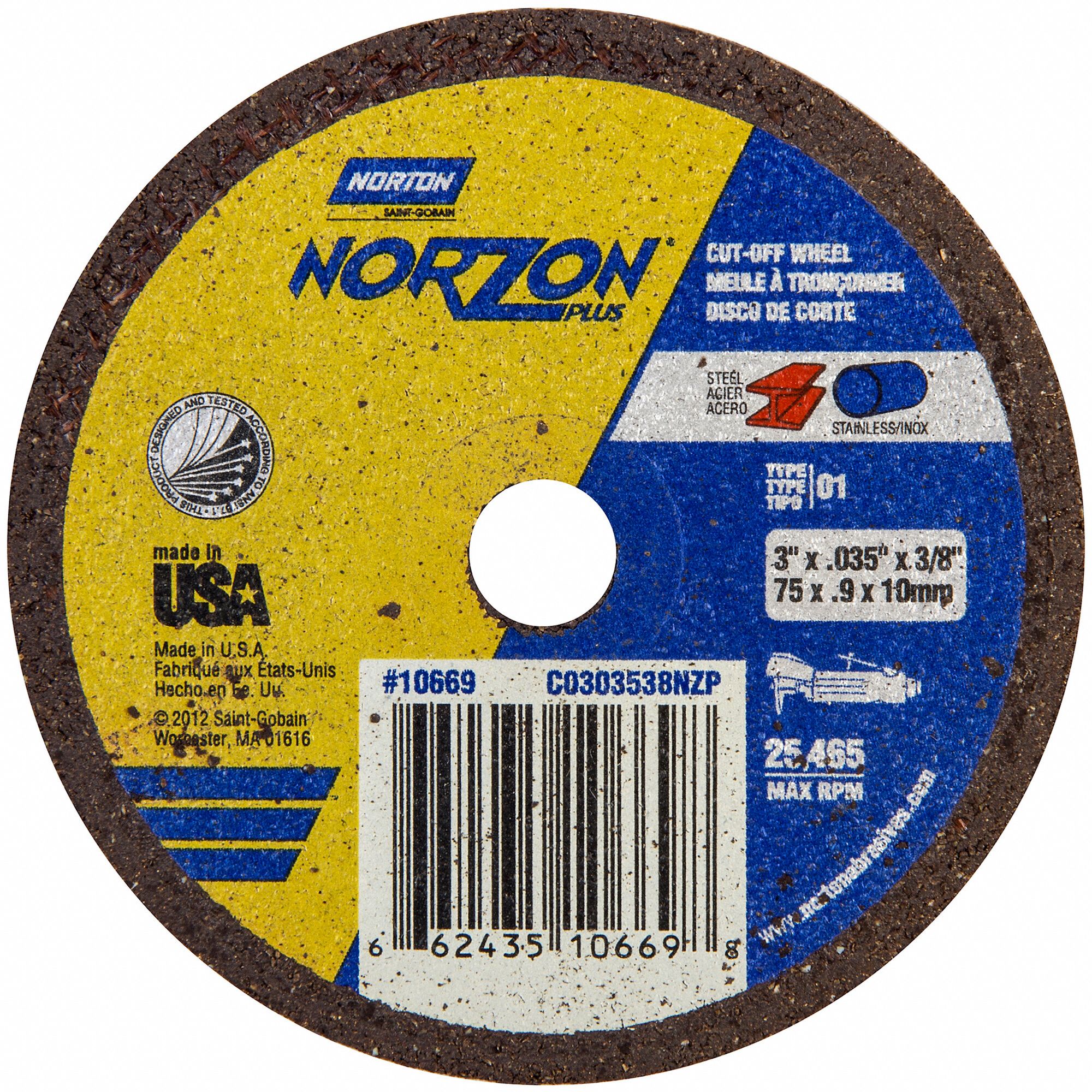 NORTON 3 in, Type 1 Ceramic Abrasive CutOff Wheel, 3/8 in Arbor Hole