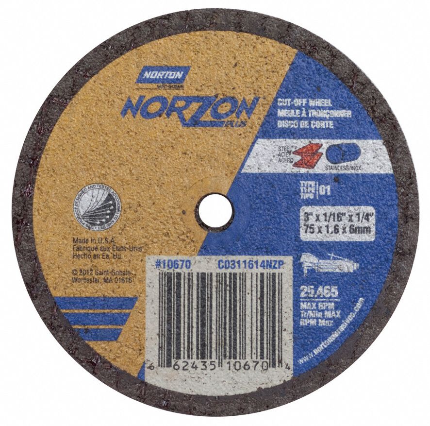 NORTON Abrasive CutOff Wheel 3 in Abrasive Wheel Dia, Ceramic, Type 1