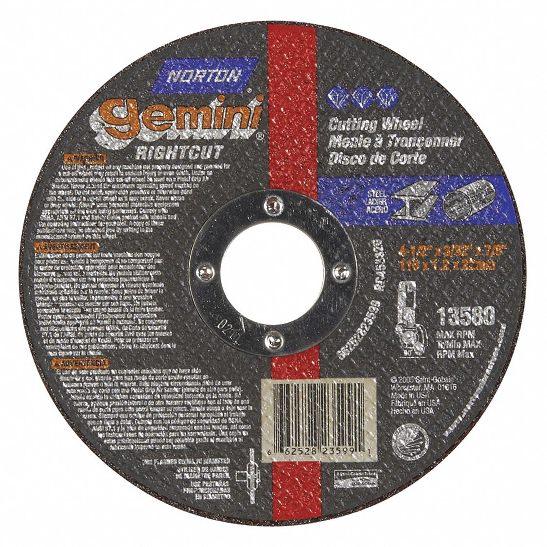 NORTON Abrasive CutOff Wheel 4 1/2 in Abrasive Wheel Dia, Aluminum