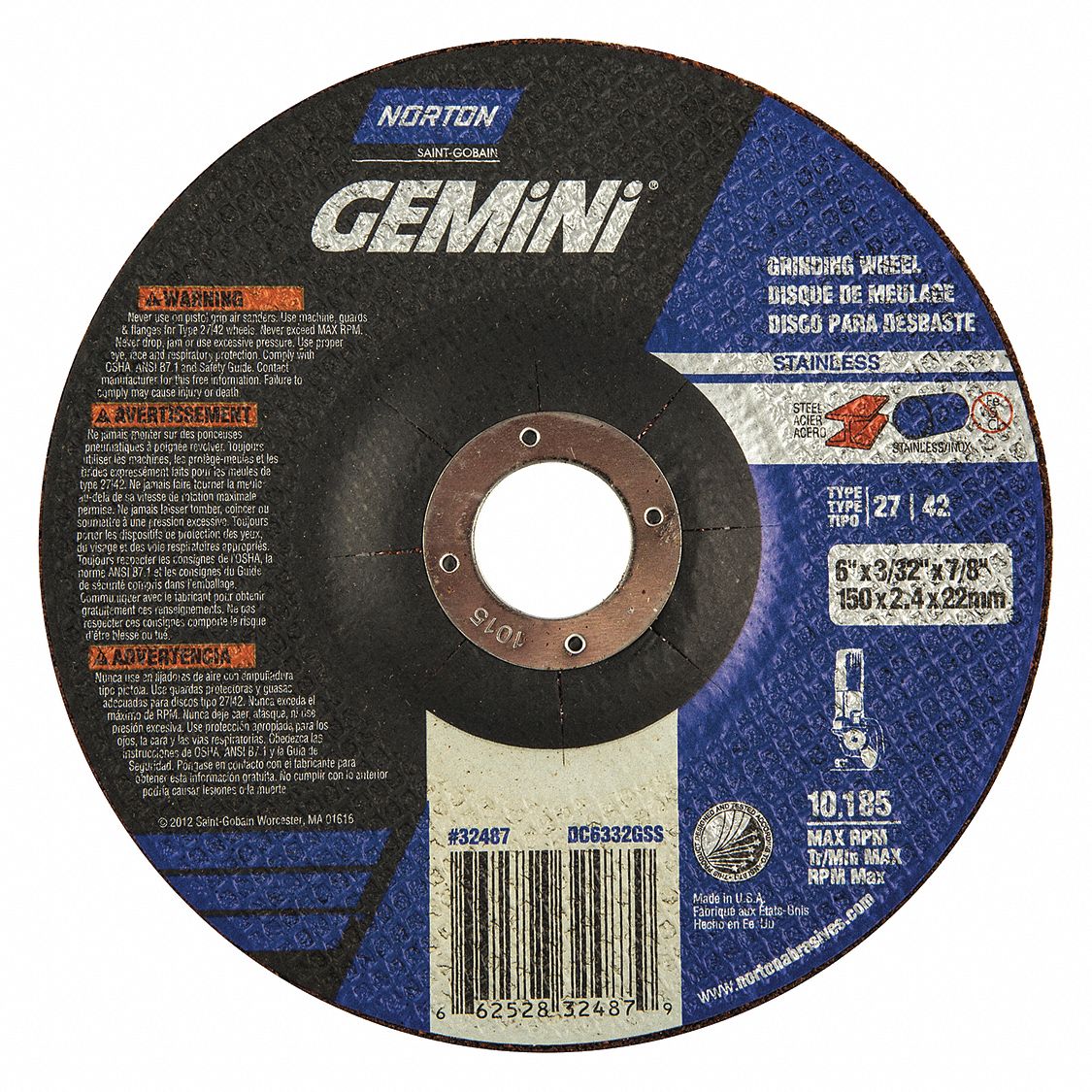 NORTON 6 in, Type 1 Aluminum Oxide Abrasive CutOff Wheel, 7/8 in Arbor Hole Size 25TZ39