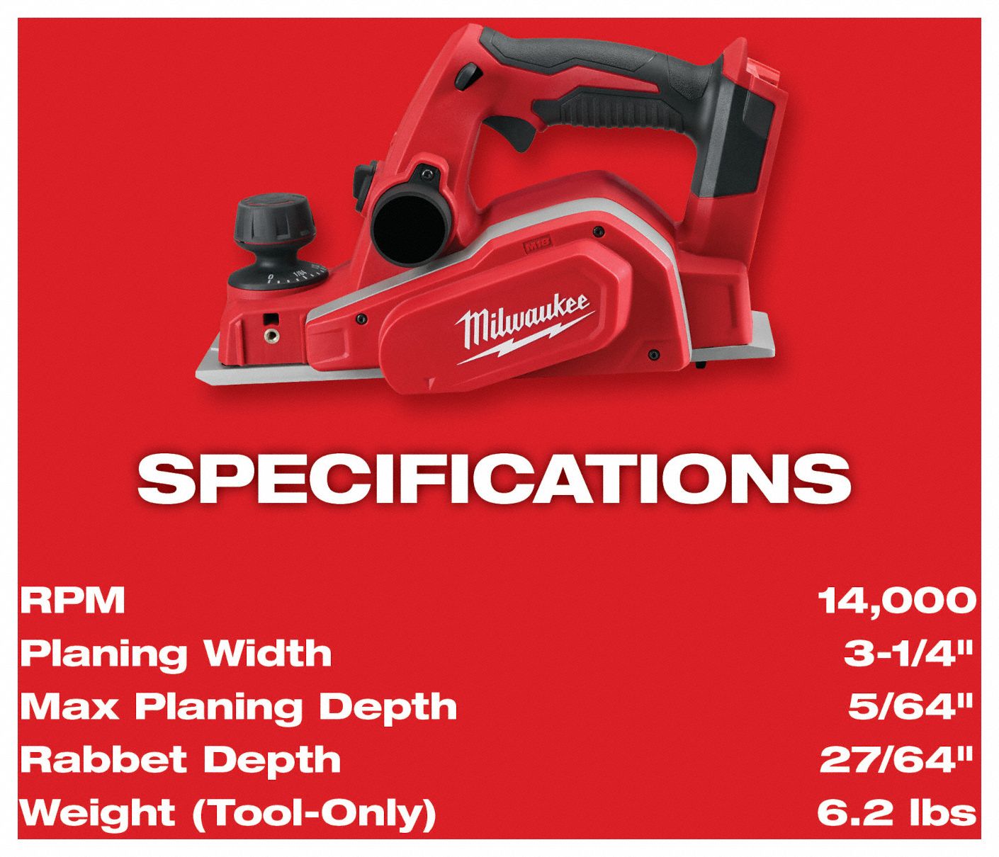 MILWAUKEE Cordless Planer M18, Bare Tool, 3 1/4 in Blade Wd, 1/16 in