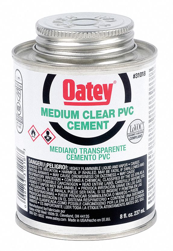 OATEY Clear Solvent Cement, Medium Bodied, PVC, Size 8 oz, For Use With