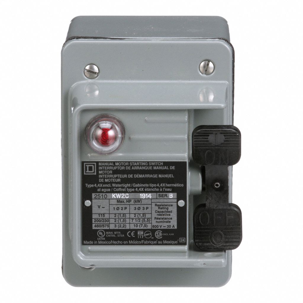 SQUARE D MANUAL MOTOR SWITCH, 3 POLES, 30 A, 4 NEMA RATING, PILOT LIGHT