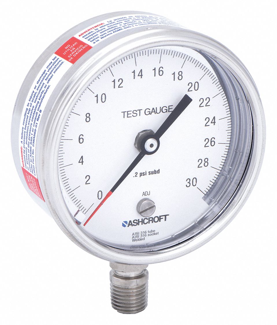 ASHCROFT Pressure Gauge Pocket Test Pressure Gauge, 0 to 30 psi, Std