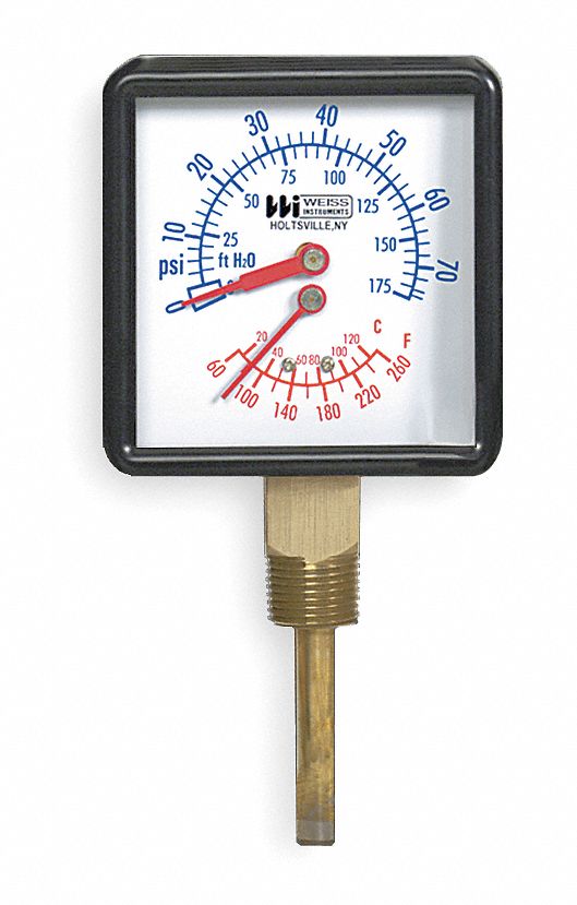 WEISS Square Boiler Gauge with 1/2" MNPT Bottom Connection, 0 to 75 psi 2CYP8CTP40L Grainger