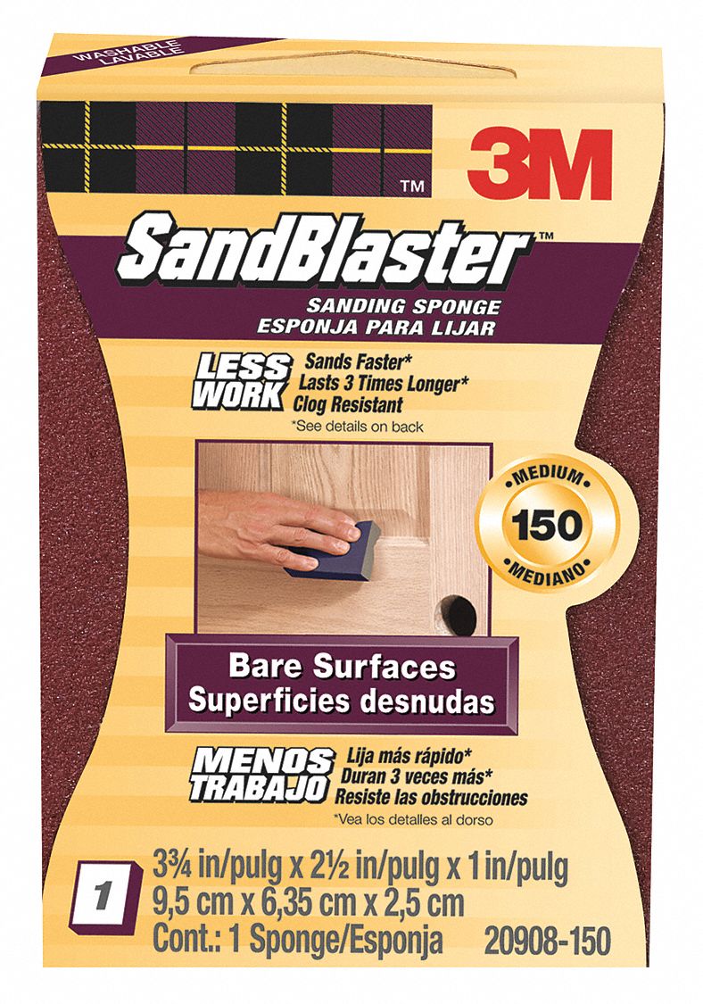 3M Sanding Sponge Fine, 150, Ceramic, 3.75 in Lg, 2.625 in Wd, 12 PK