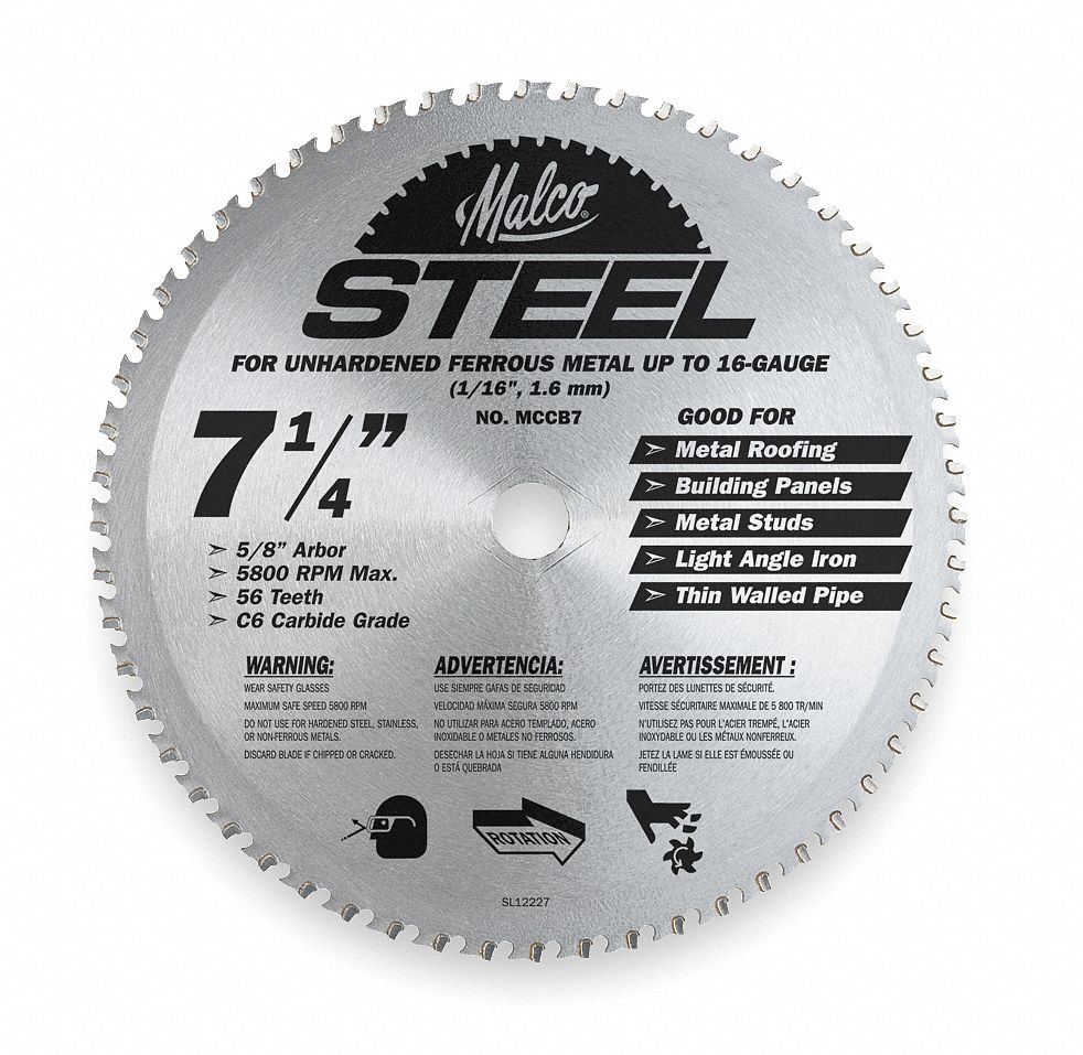 MALCO, 7 1/4 in Blade Dia., 56 Teeth, Metal Cutting Circular Saw Blade