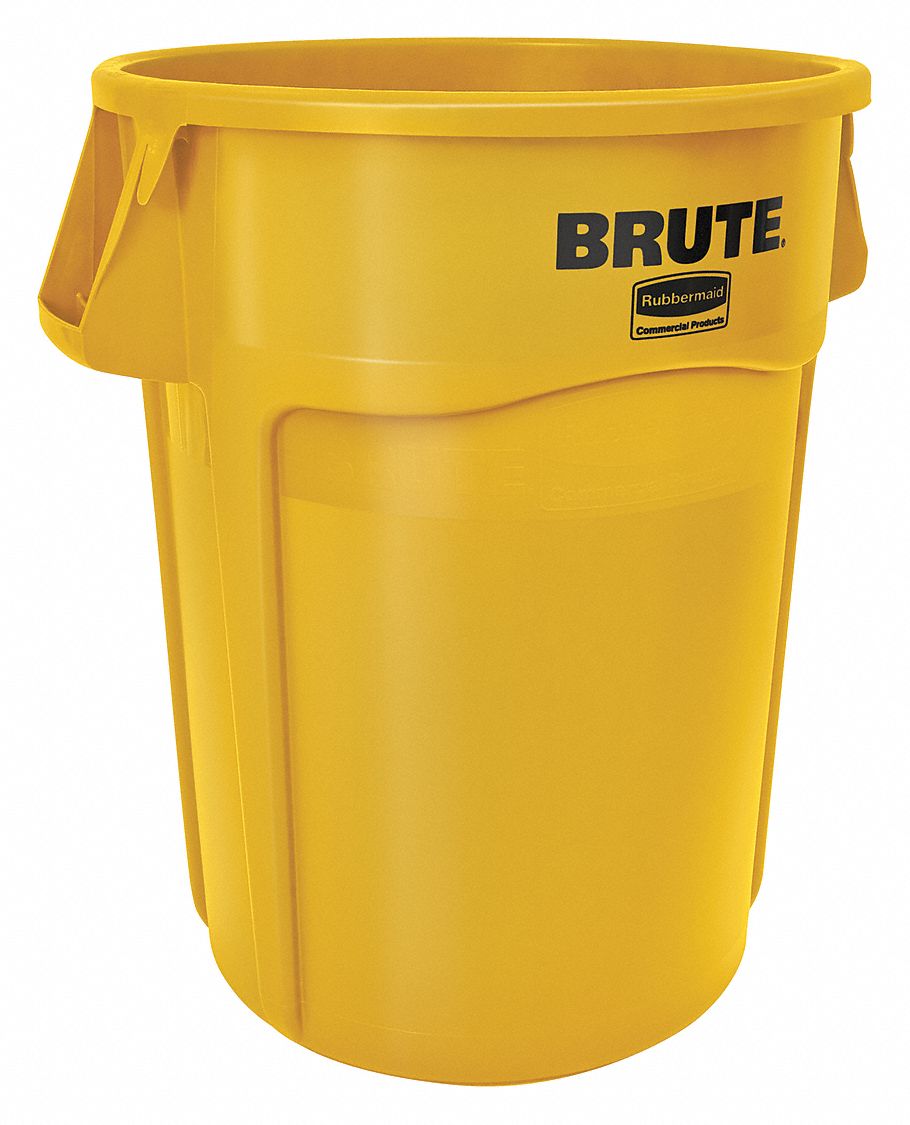RUBBERMAID COMMERCIAL PRODUCTS 55 gal Round Trash Can, Plastic, Yellow