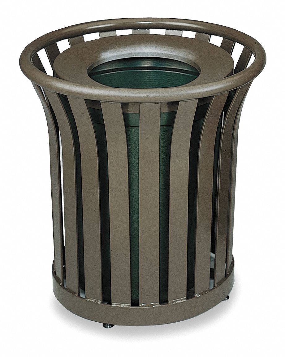 RUBBERMAID COMMERCIAL PRODUCTS 36 gal Round Trash Can, Metal, Bronze