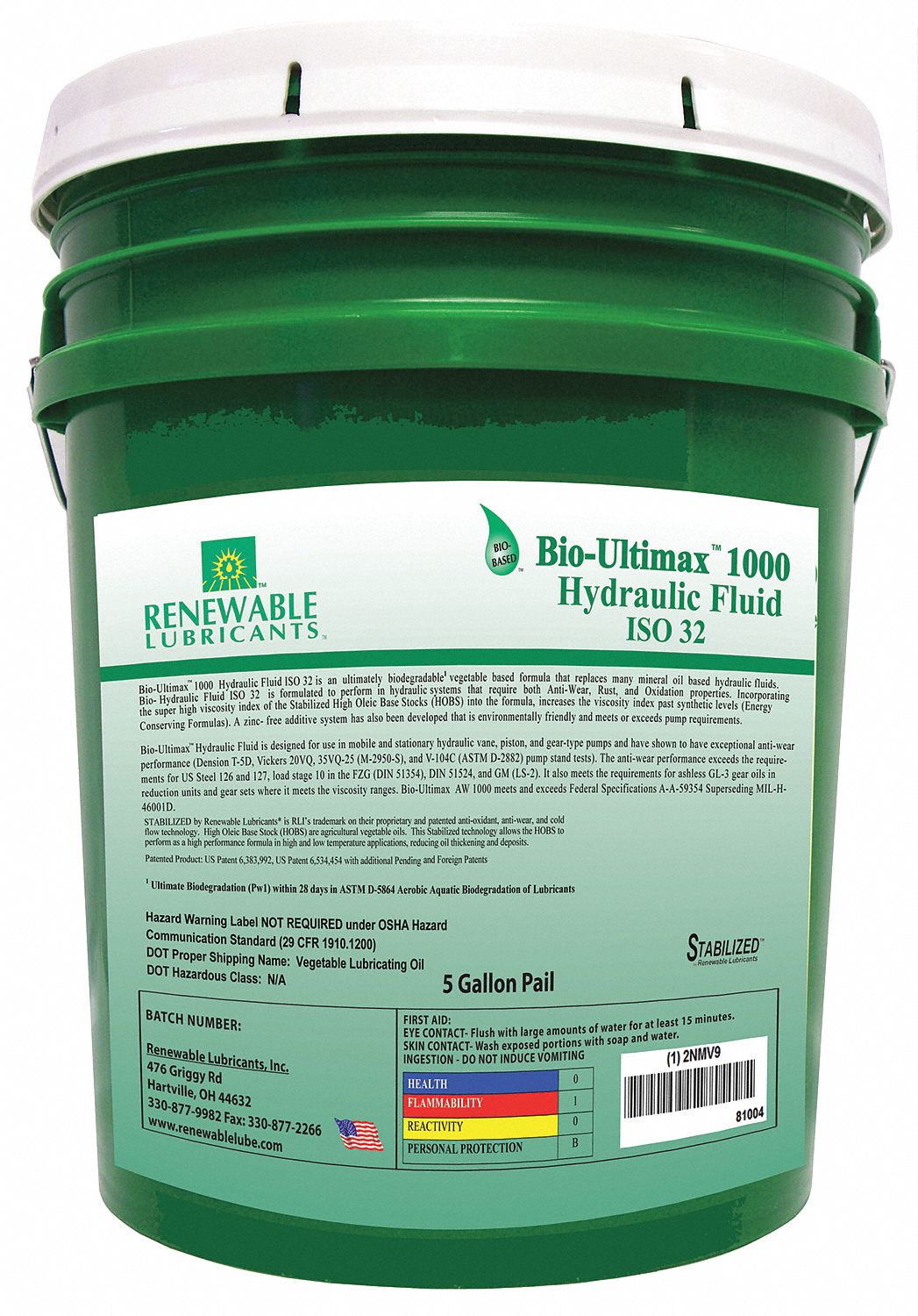 RENEWABLE LUBRICANTS Vegetable Oil Hydraulic Oil, 5 gal Pail, ISO