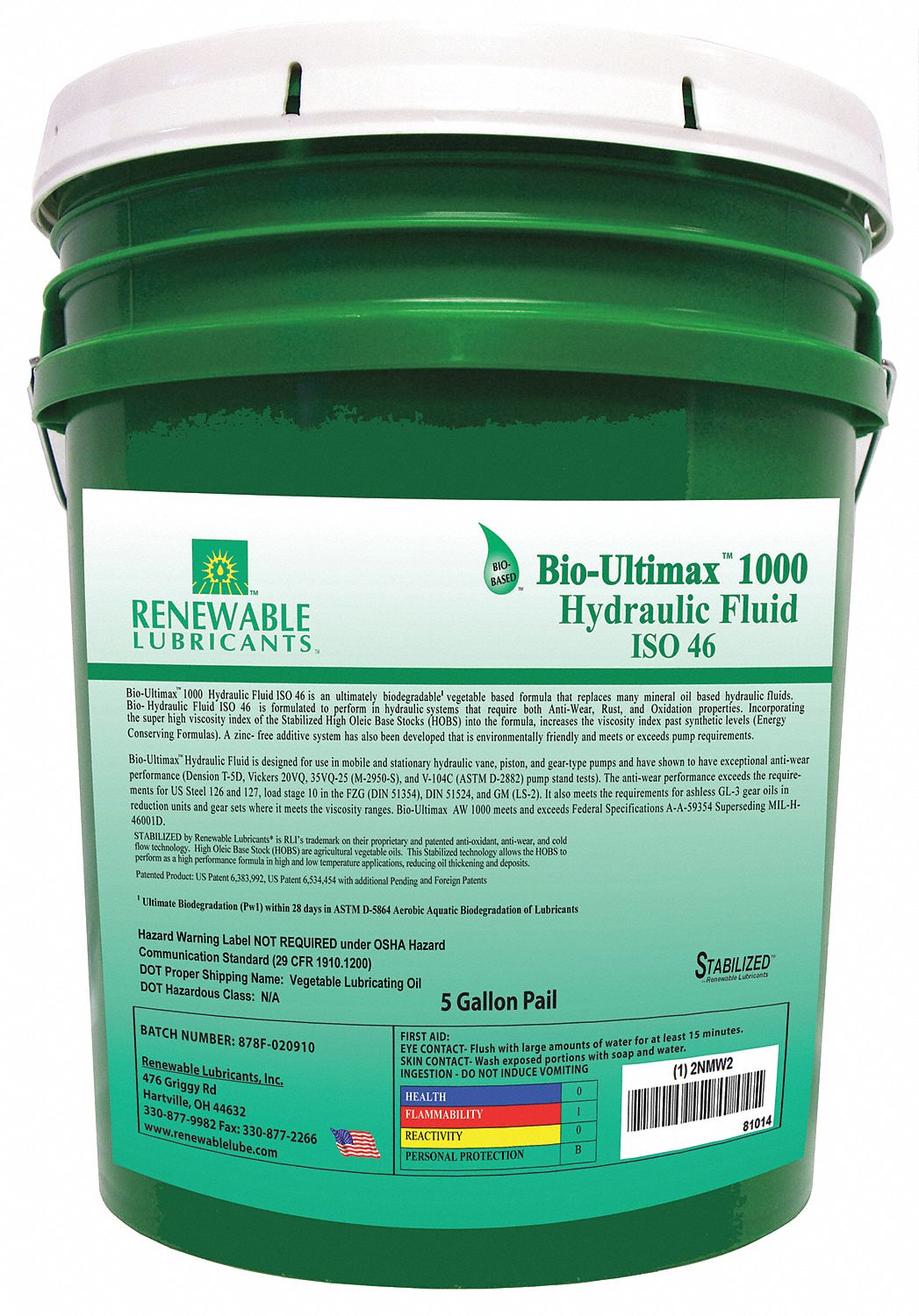 RENEWABLE LUBRICANTS Vegetable Oil Hydraulic Oil, 5 gal Pail, ISO