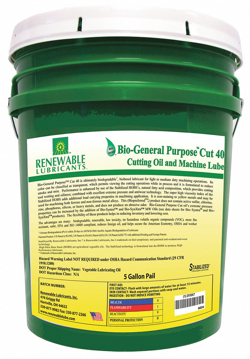 RENEWABLE LUBRICANTS Cutting Oil, Container Size 5 gal, Bucket, Yellow