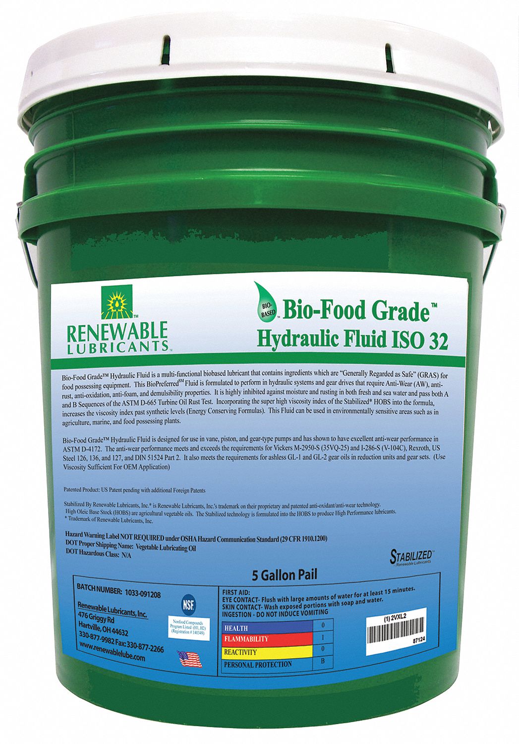 RENEWABLE LUBRICANTS Vegetable Oil Hydraulic Oil, 5 gal Pail, ISO