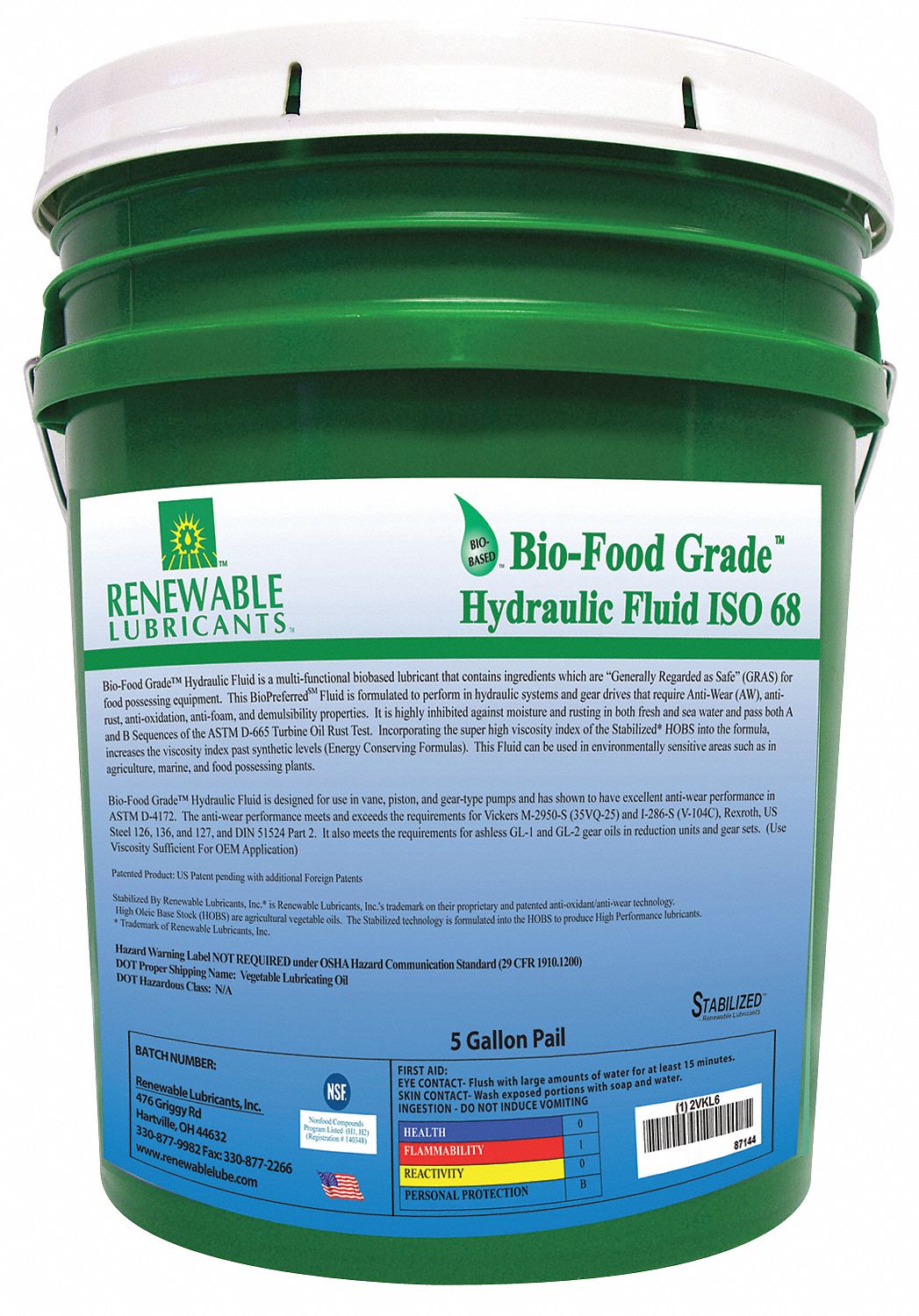 RENEWABLE LUBRICANTS Vegetable Oil Hydraulic Oil, 5 gal Pail, ISO
