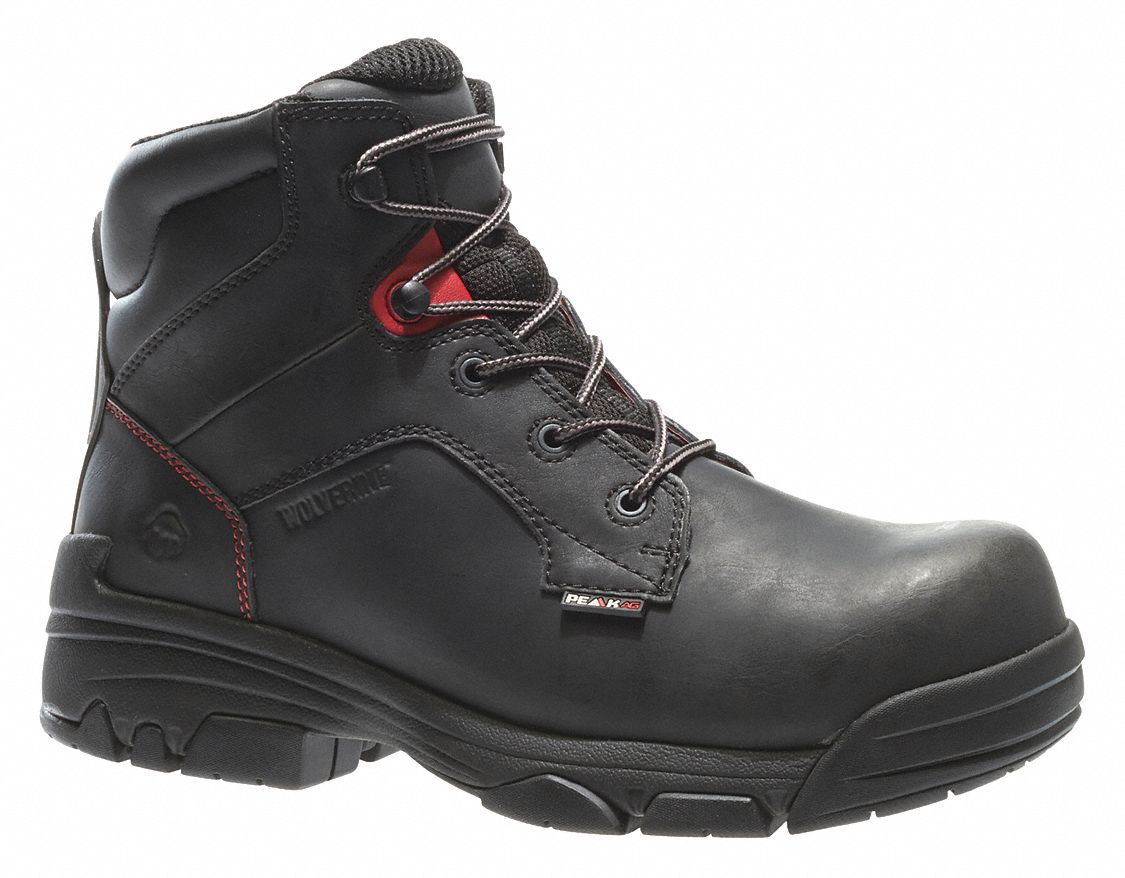 WOLVERINE 6" Work Boot, 91/2, M, Men's, Black, Composite Toe Type, 1