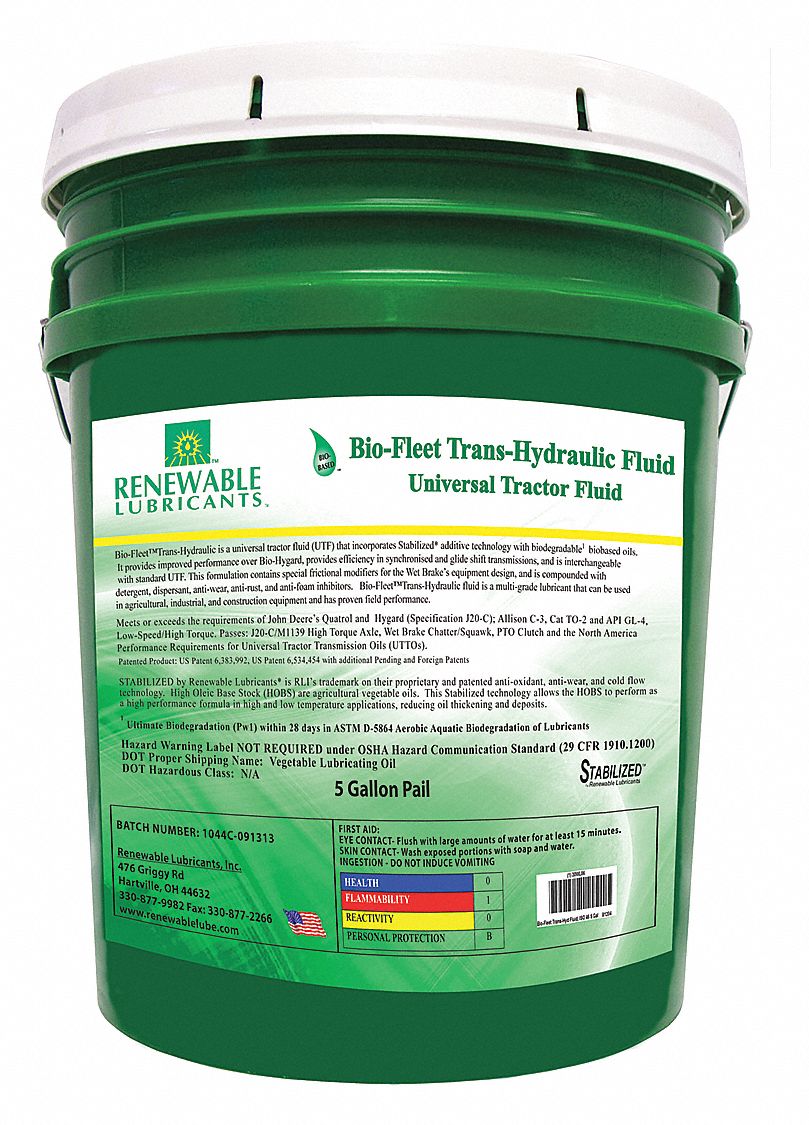 RENEWABLE LUBRICANTS Hydraulic Oil Vegetable Oil, 5 gal, Pail, ISO