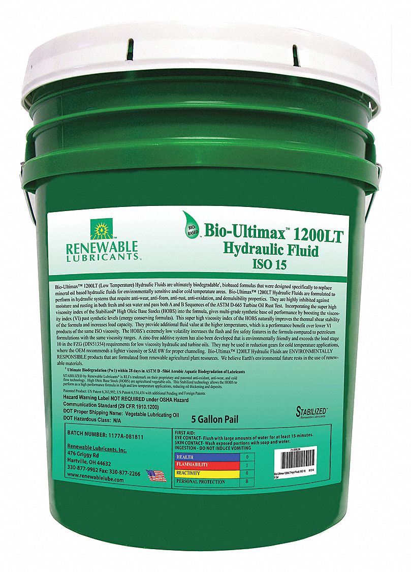 RENEWABLE LUBRICANTS, BioUltimax 1200LT, 5 gal, Hydraulic Oil 30WL09