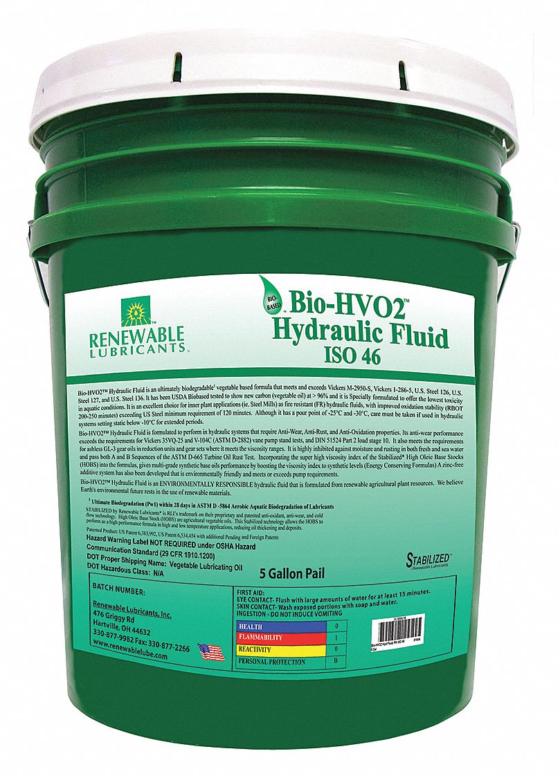 RENEWABLE LUBRICANTS Vegetable Oil Hydraulic Oil, 5 gal. Pail, ISO