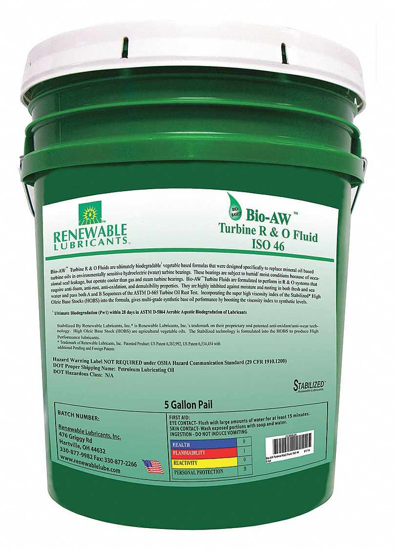 RENEWABLE LUBRICANTS Vegetable Oil R&O Oil, 5 gal Pail, ISO Viscosity