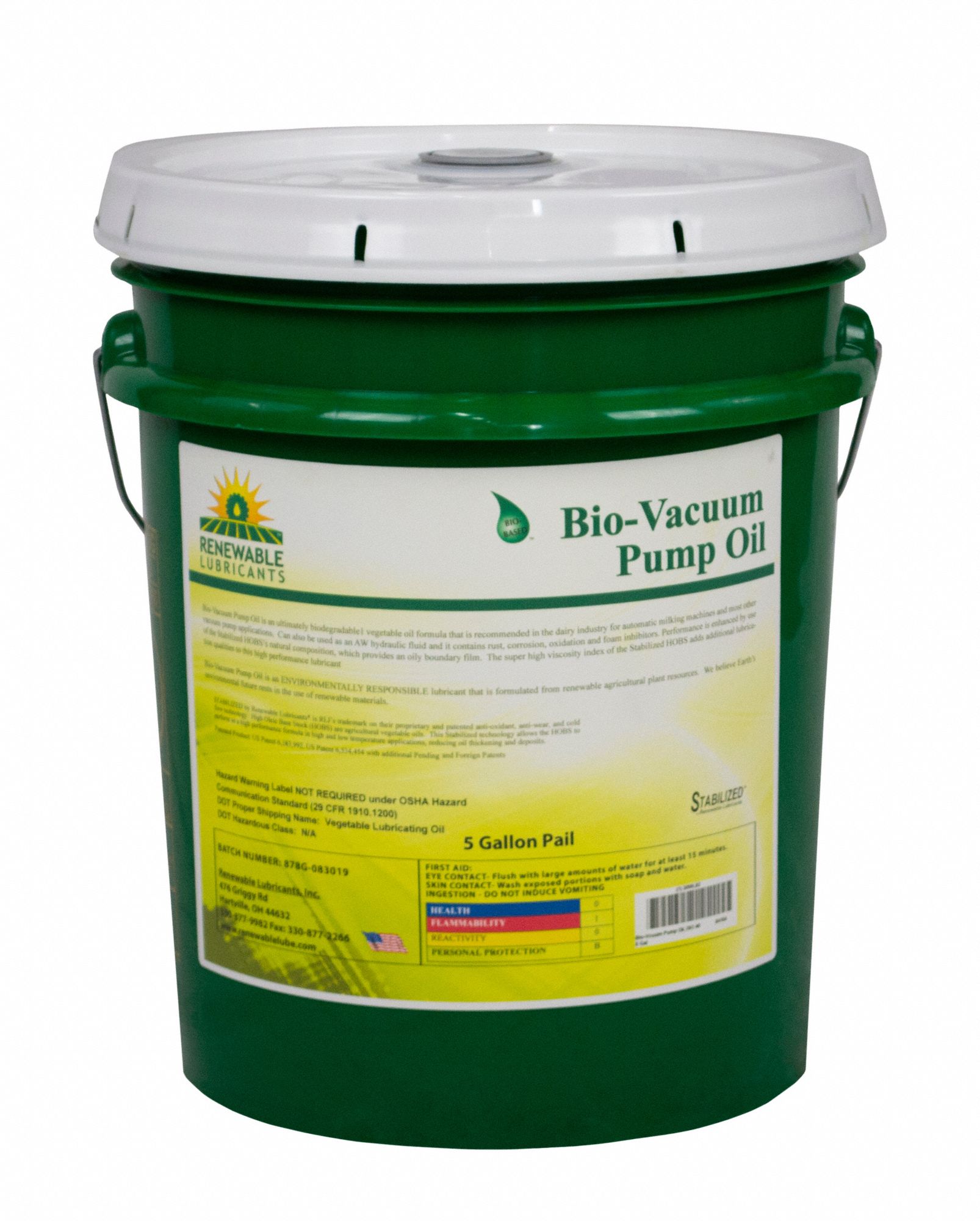 RENEWABLE LUBRICANTS, 5 gal, Pail, Vacuum Pump Oil 30WL6284104