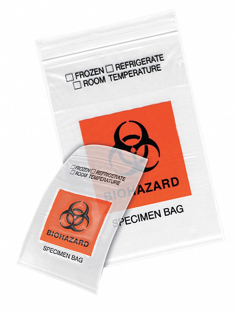 Biohazard Specimen Bag, 9" Length, 6" Width, Ziplock Closure Type, PK