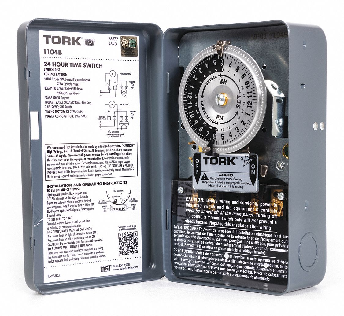 TORK Electromechanical Timer: 24 hr Nominal Max. Time Setting, Steel
