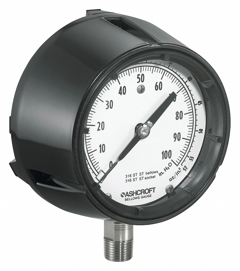 ASHCROFT Pressure Gauge, 0 to 18 oz, 0 to 30 in wc Range, 1/4 in NPT