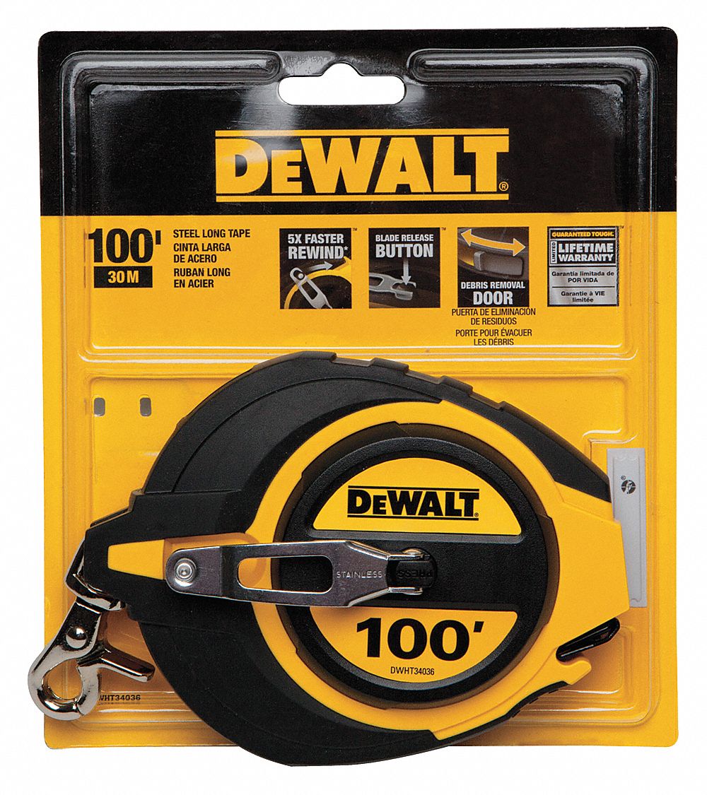 DEWALT 100 ft Steel SAE Tape Measure, Yellow 31CL10DWHT34036 Grainger