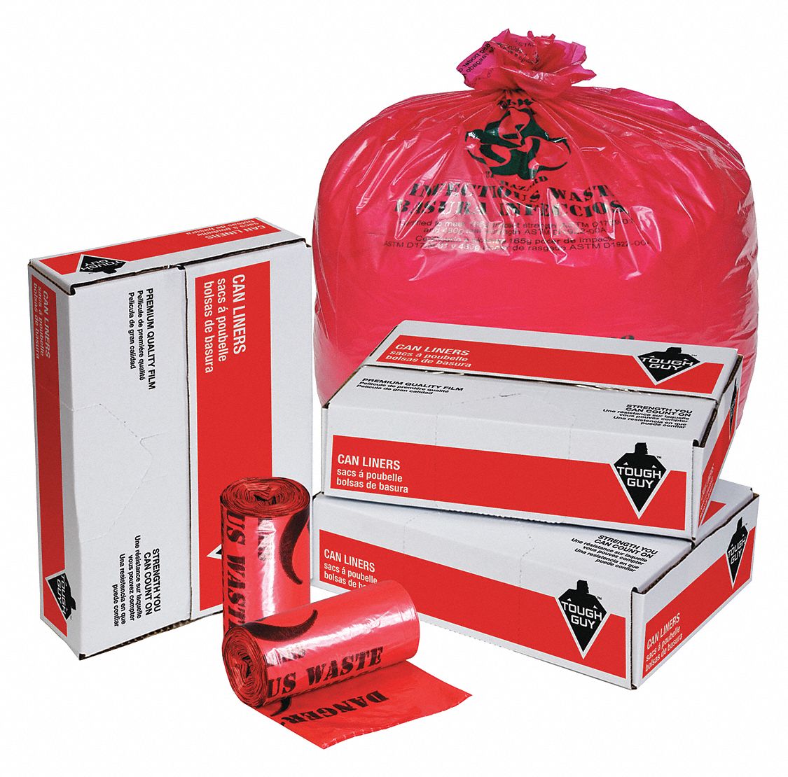TOUGH GUY Biohazard Bags, 10 gal, LLDPE, Red, Infectious Waste, PK 200