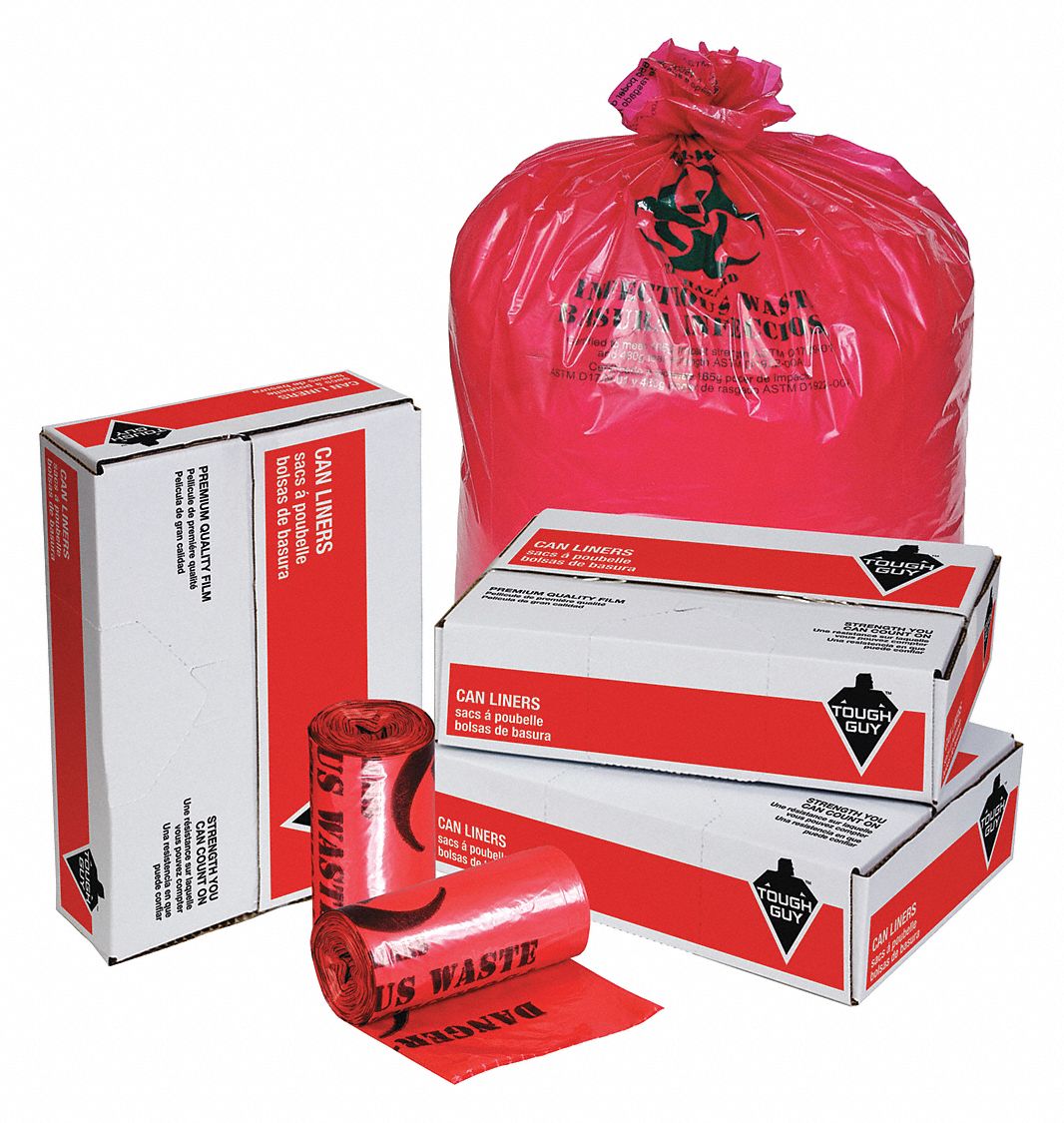 TOUGH GUY Biohazard Bags, 30 gal, LLDPE, Red, Infectious Waste, PK 100