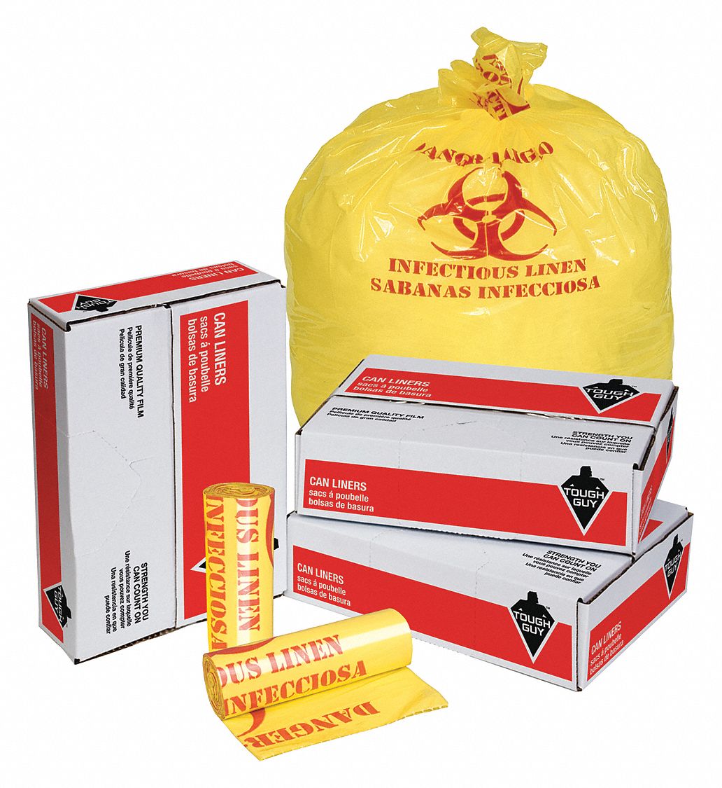 TOUGH GUY Biohazard Bags, 33 gal, LLDPE, Yellow, Infectious Linen, PK 100 31DK9631DK96 Grainger