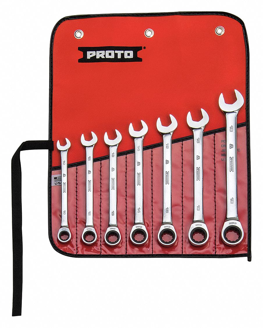 PROTO Ratcheting Combination Wrench Set, Metric, Number of Pieces 7